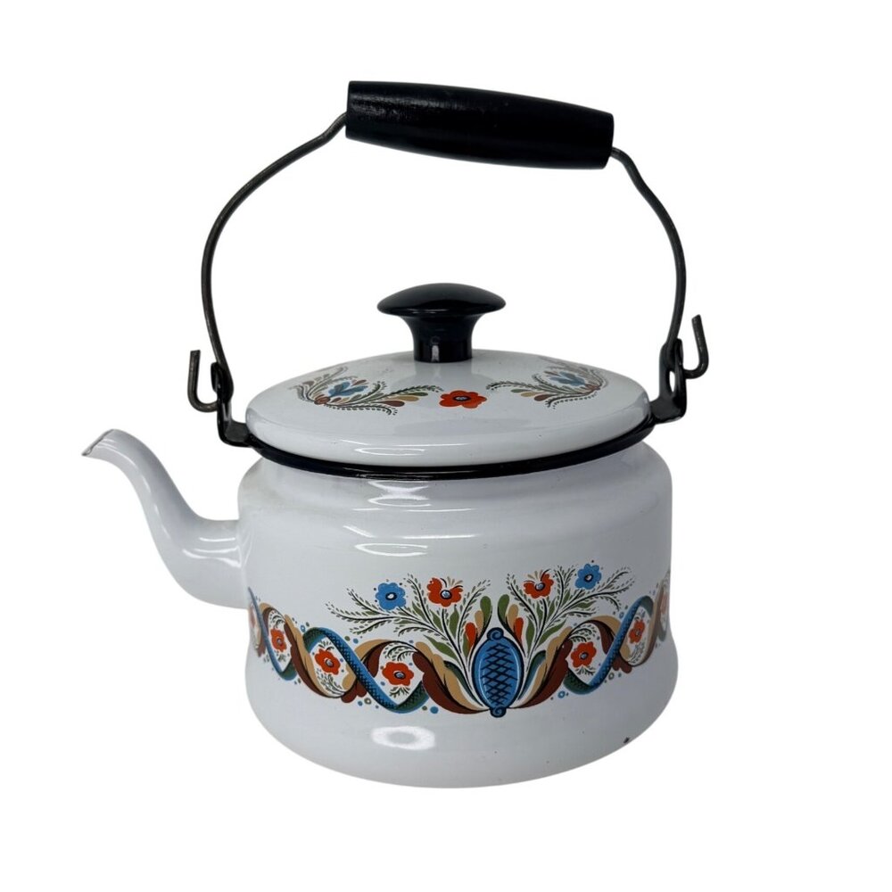 Vintage 1960s Georges Briard Dutch Floral Enamelware Teapot Tea Kettle‎ MCM